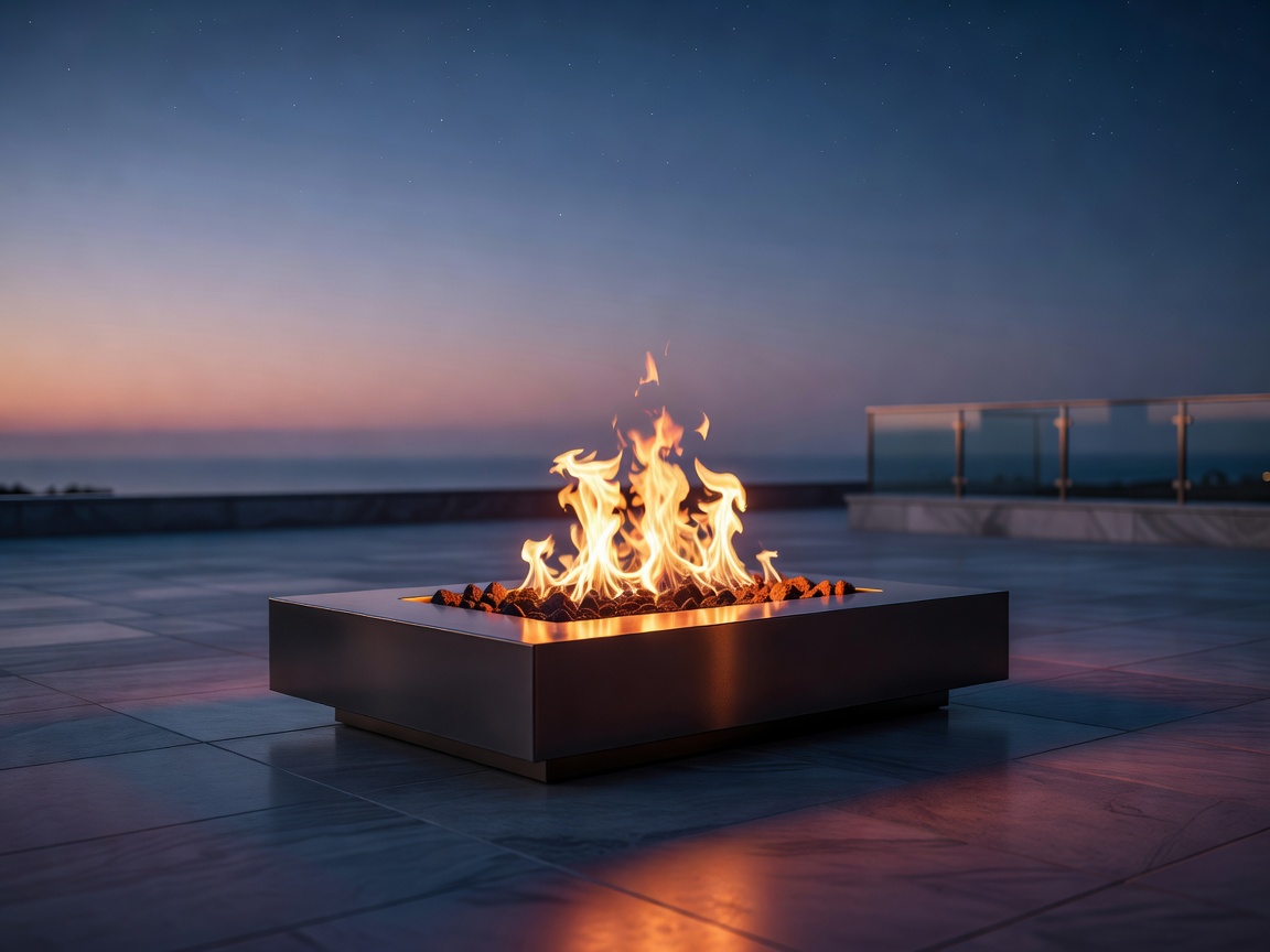 A modern gas fire pit table glowing at dusk on a terrace