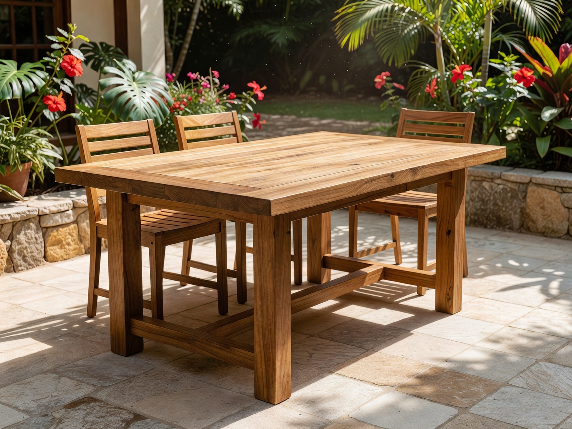 A sturdy teak wooden outdoor dining table on a sunny patio