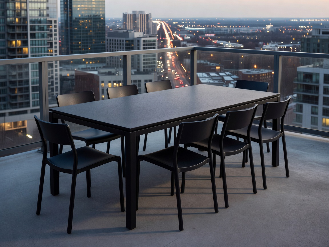 Black cast aluminum dining table set on an urban balcony