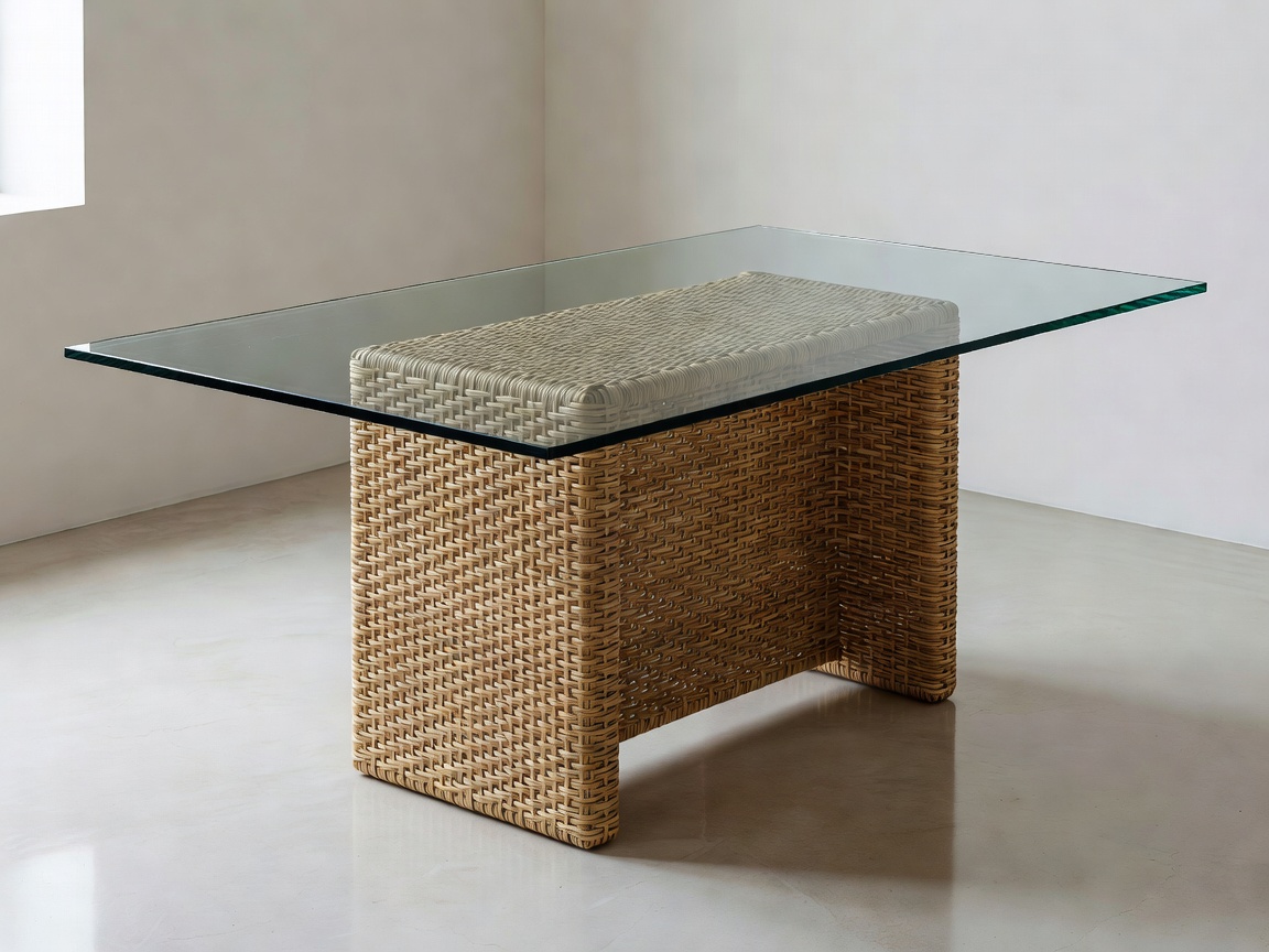Clear tempered glass table over a woven rattan base