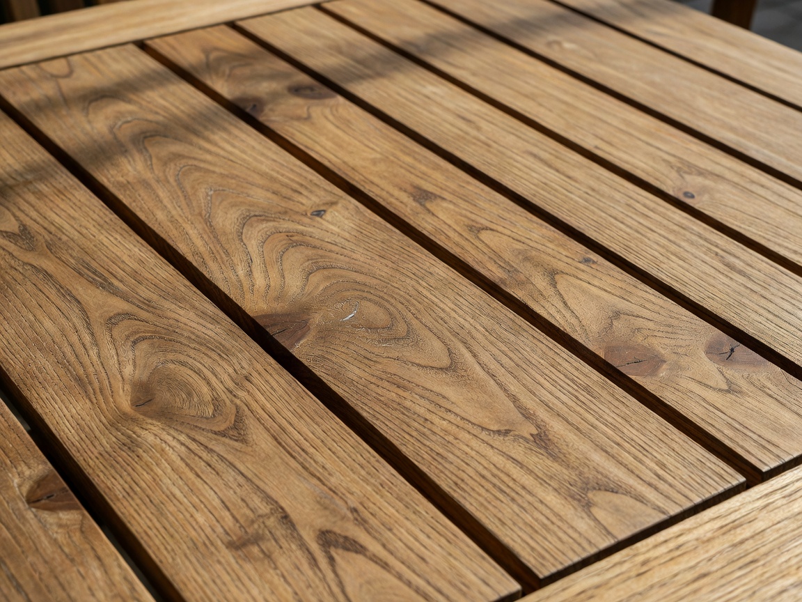 Close up of natural wood grain on a slatted outdoor dining table