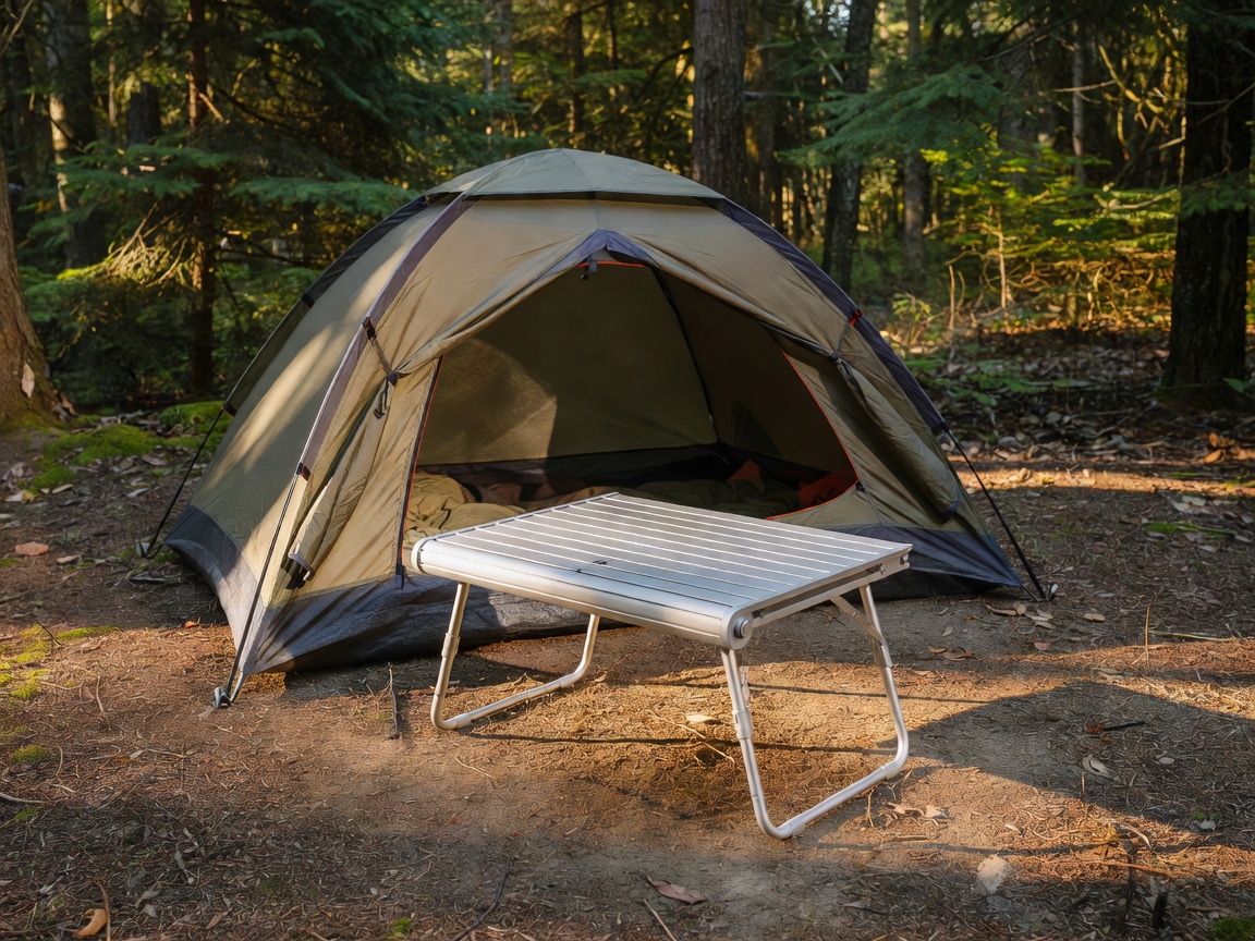 Compact aluminum roll-top table set up near a camping tent