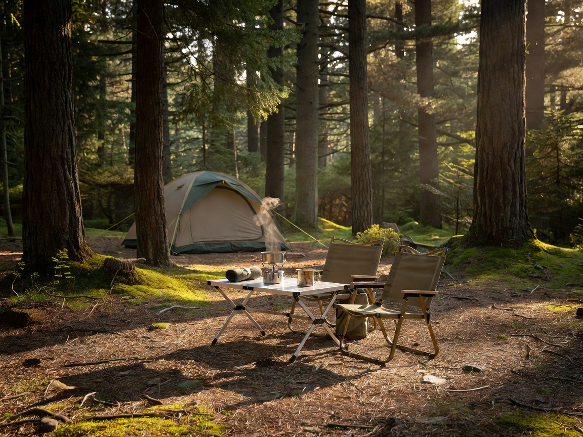 Compact folding camping table set up at a forest campsite