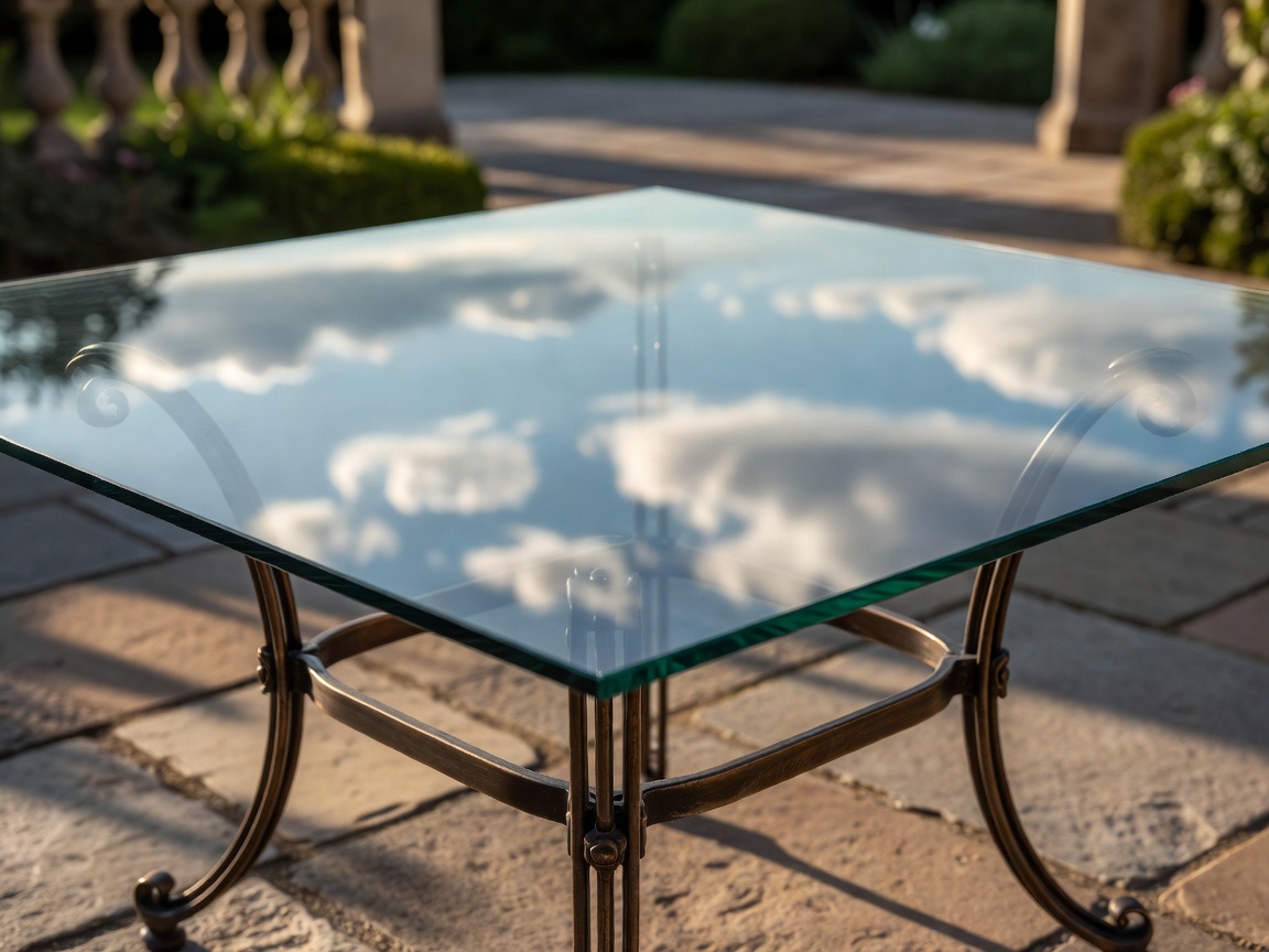 Elegant glass-topped outdoor table reflecting the sky