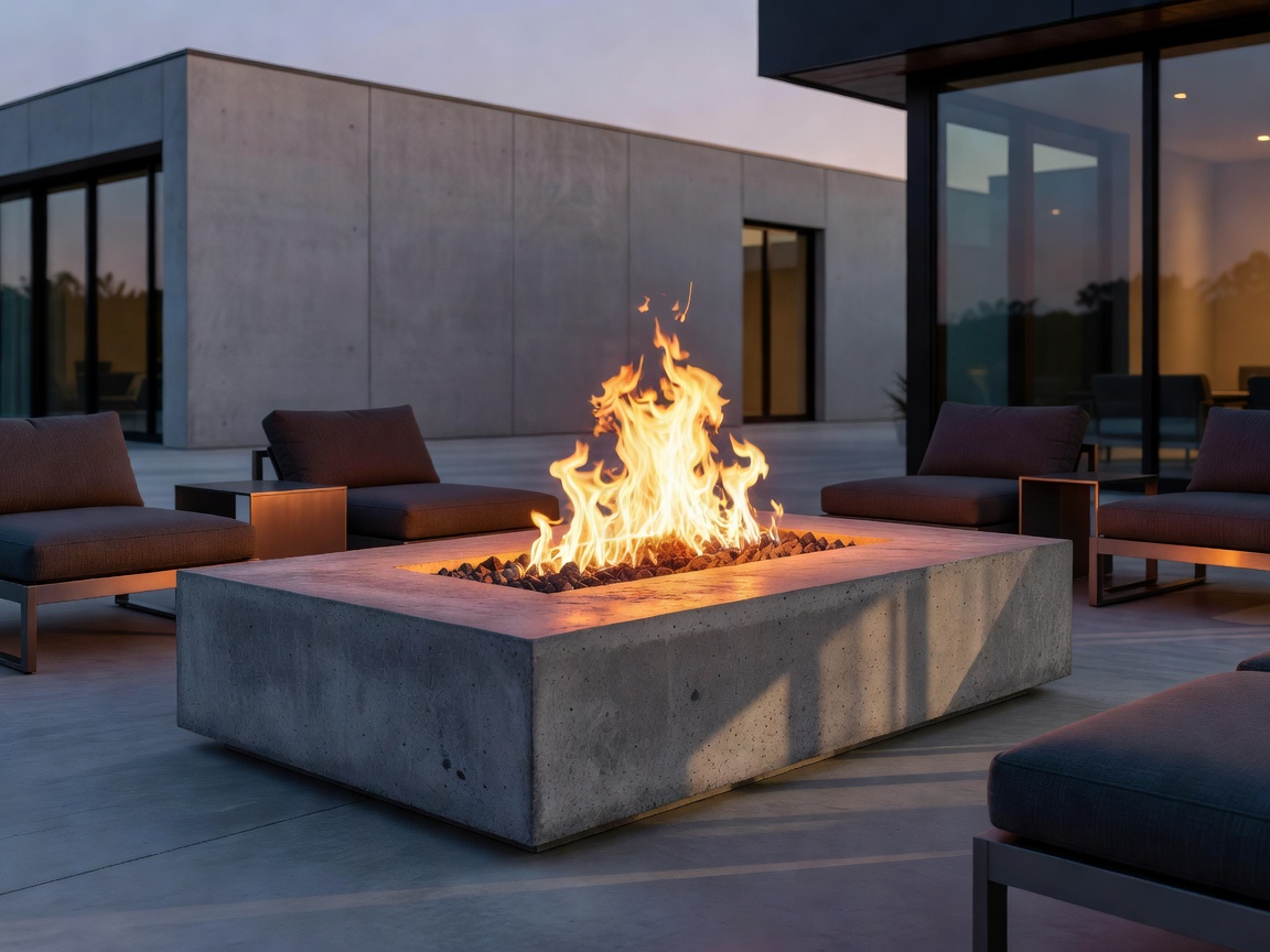Rectangular concrete gas fire pit table blazing on a modern patio