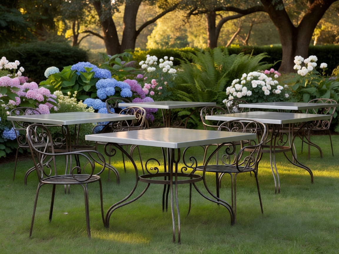 Sleek aluminum and wrought iron metal tables in a garden setting